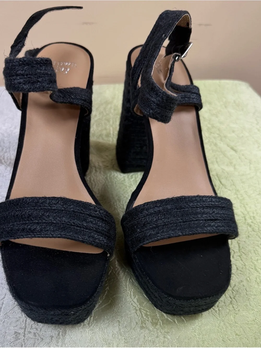 Black Platform Espadrille Heeled Sandals with Ankle Strap